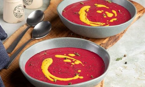 Σούπα παντζάρι με κρέμα σαφράν και άρωμα πορτοκάλι