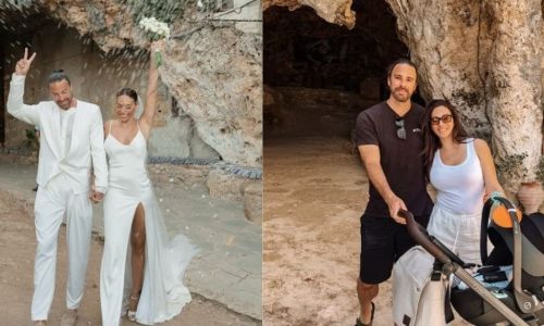 Ευρυδίκη Βαλαβάνη – Γρηγόρης Μόργκαν: Φωτό στην εκκλησία του γάμου τους με τον γιο τους στην Κρήτη