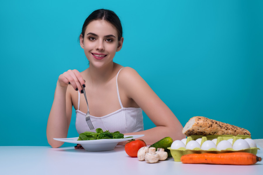 Diet Plan, Diet Menu Or Program. Woman Eat Vegetable And Healthy